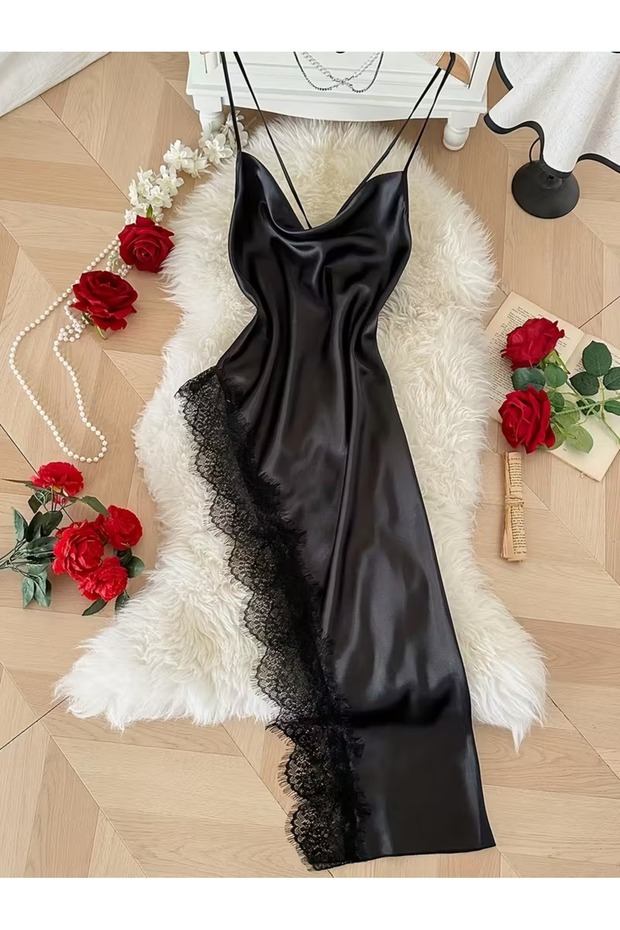 Midnight Noir Lace Detailed Long Satin Nightgown