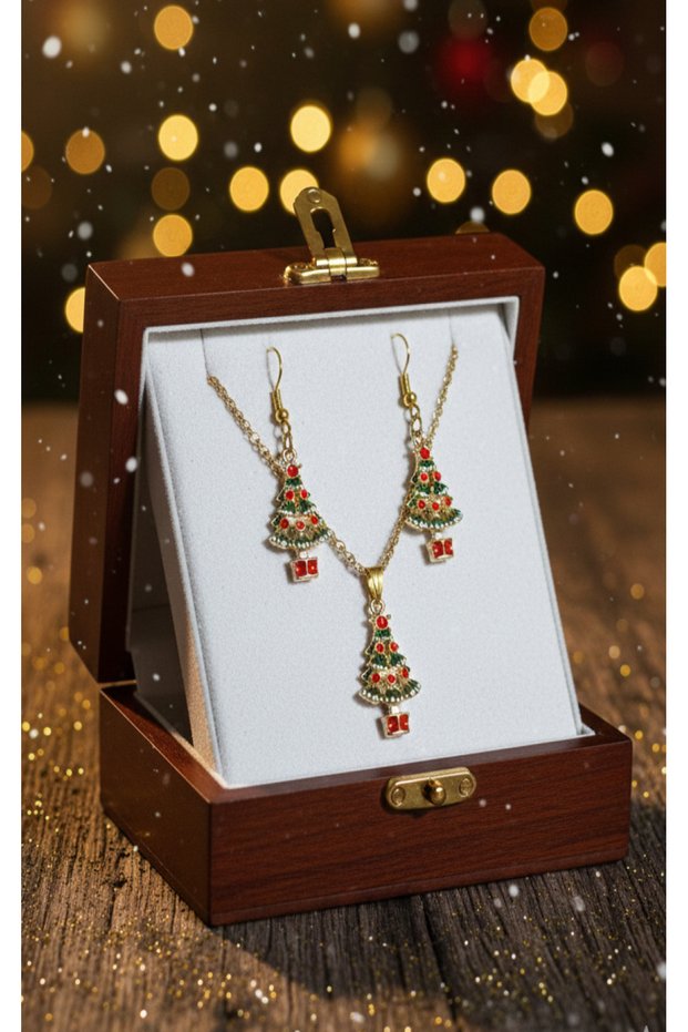 Gold Color Christmas Tree Pendant Earrings 3 Pieces Jewelry Set Christmas Gift