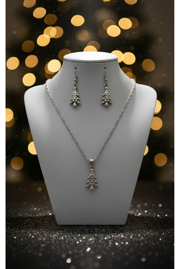 Silver Color Christmas Tree Pendant Earrings 3 Pieces Jewelry Set Christmas Gift