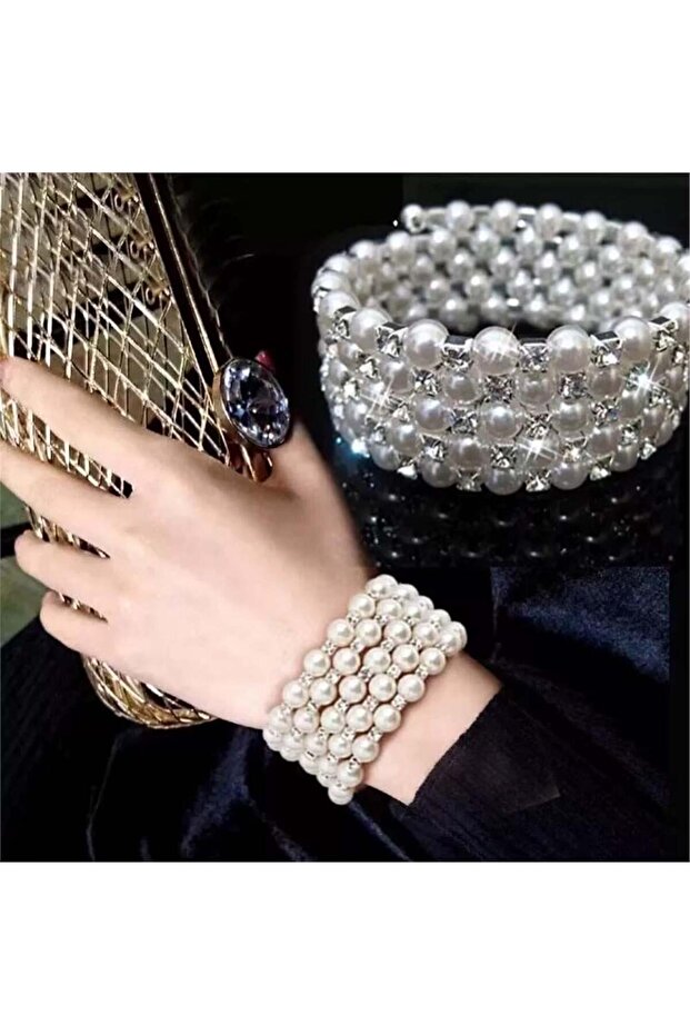 مشبك واسع متعدد الصفوف من اللؤلؤ والأحجار الكريمة بلون فضي