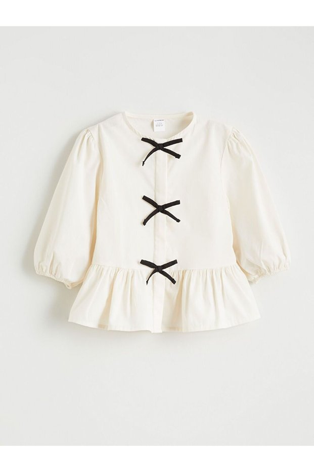 Crew Neck Bow Detailed Baby Girl Shirt