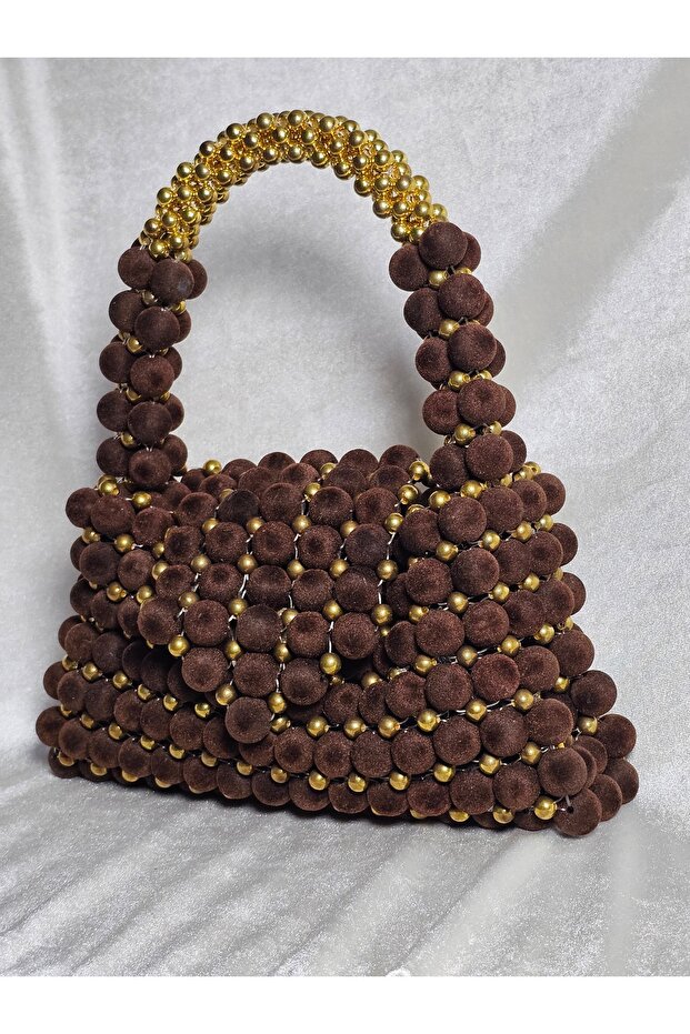 Handmade Velvet Textured Brown and Gold Beaded Design Bag