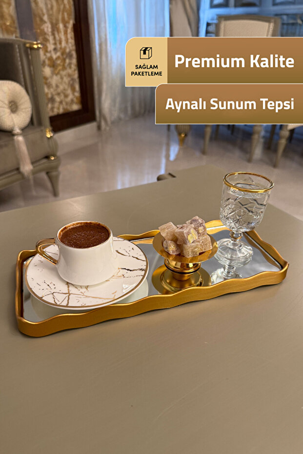 صينية تقديم مستطيلة بمرآة وإطار ذهبي فاخر، تصميم عصري أنيق للديكور والتقديم