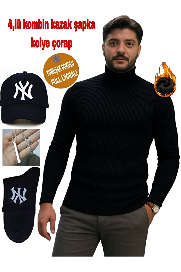 4-Piece Combination Men's Turtleneck High-Neck Sweater Ny Hat Ny Socks and Necklace