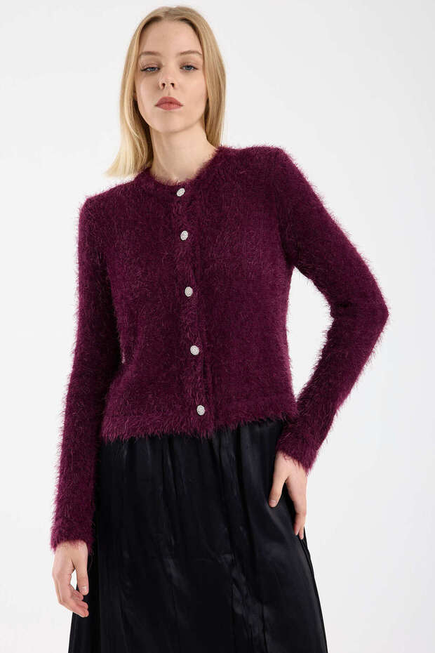 Bearded Soft Buttoned Knitwear Cardigan - Burgundy