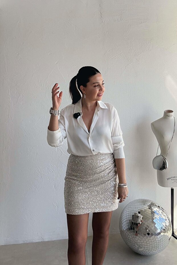 Bej Drapeli Payet Etek - 1