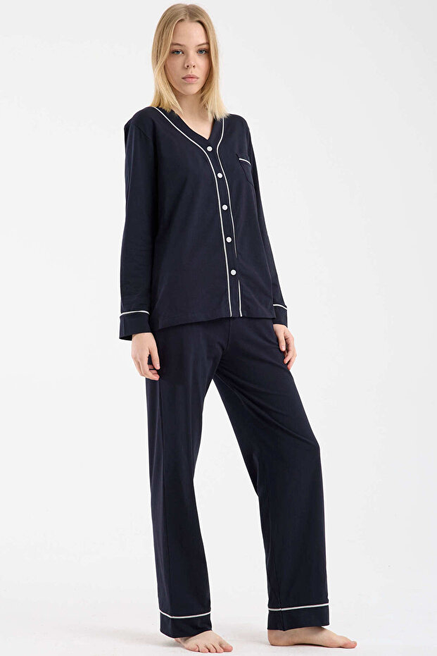 طقم بيجامة بأزرار تفاصيل أسطوانية - أزرق داكن - 3