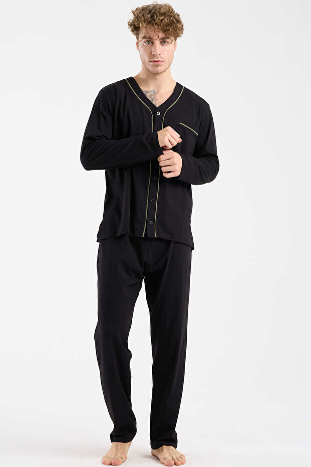 طقم بيجامة بأزرار وياقة على شكل V - أسود - 5