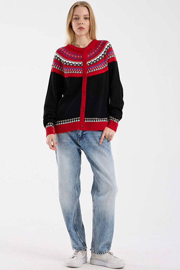 Ethnic Motif Wool Knitwear Cardigan - Black