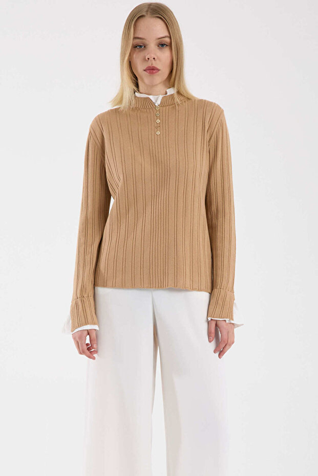 Parça Detaylı Fitilli Triko Kazak - Kamel - 2