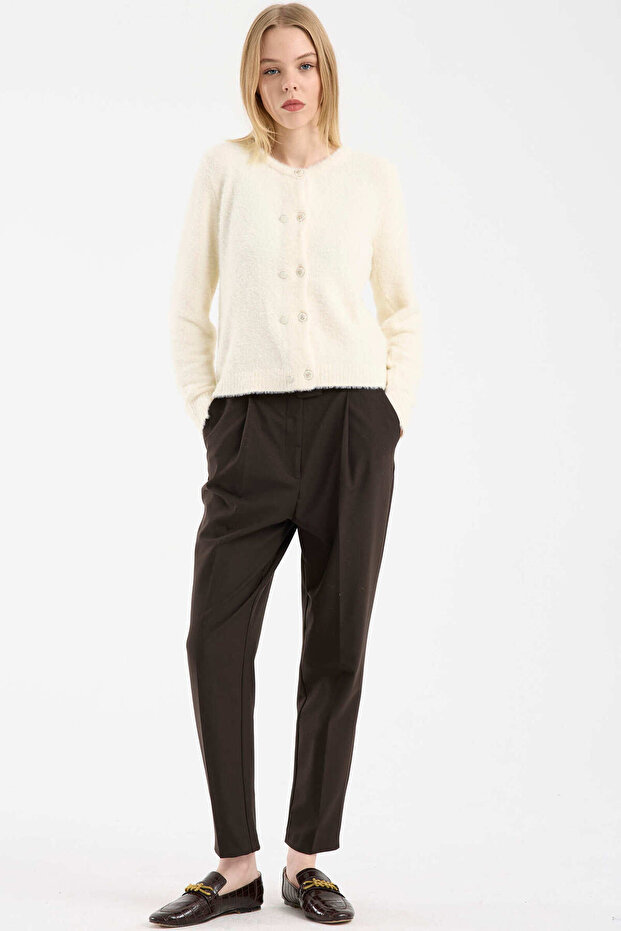 Bearded Knitwear Cardigan with Metal Button Detail - Bone