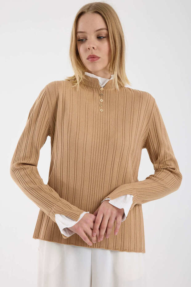 Parça Detaylı Fitilli Triko Kazak - Kamel - 3