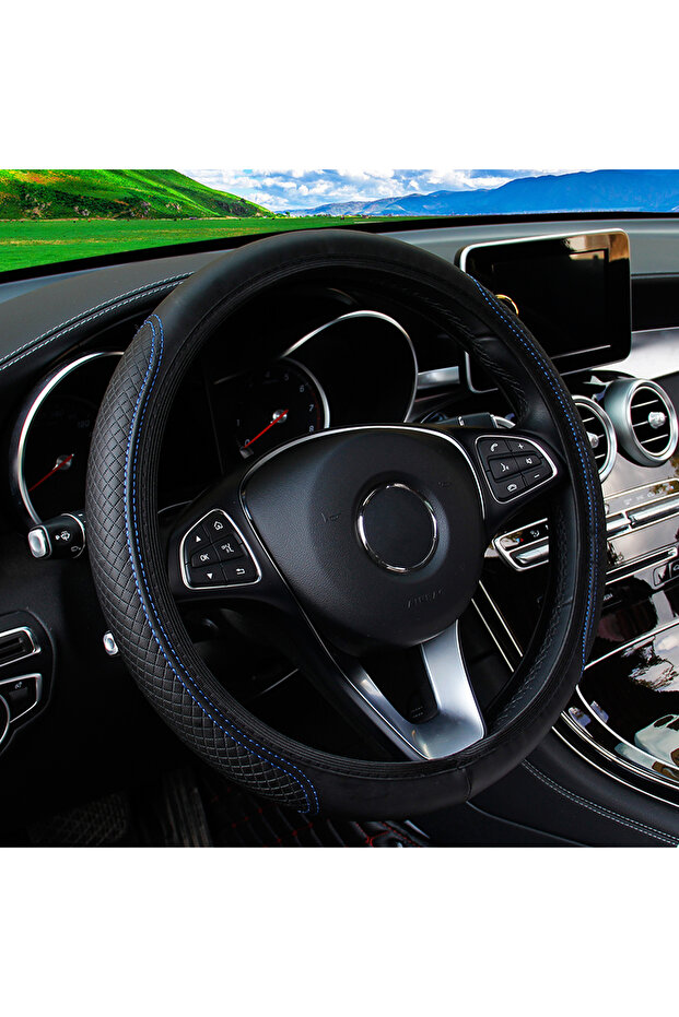 BK blue A leather embossed stereo massage car without inner ring steering wheel cover fits 37-38cm14
