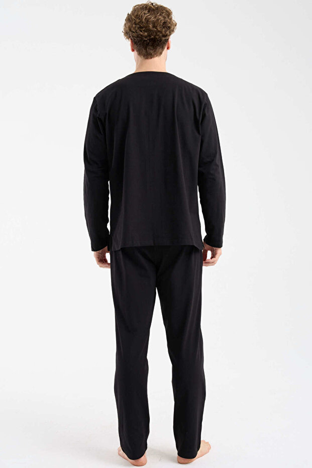 طقم بيجامة بأزرار وياقة على شكل V - أسود - 6