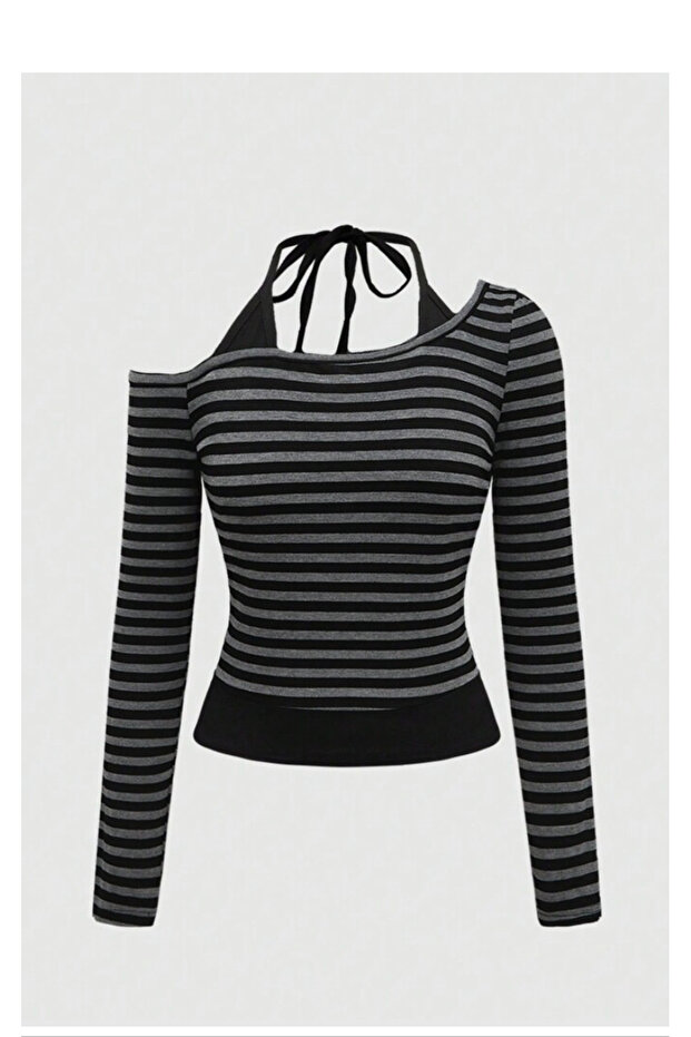Black Anthracite Grunge Open Shoulder Long Sleeve Blouse with Additional Straps