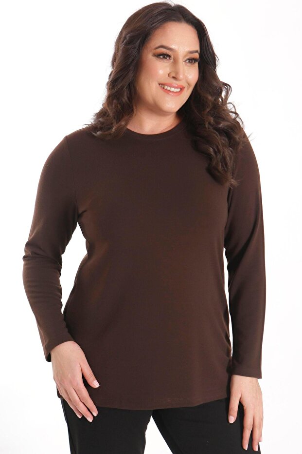 Trend42Plus Plus Size Basic Crew Neck Brown Blouse - 1