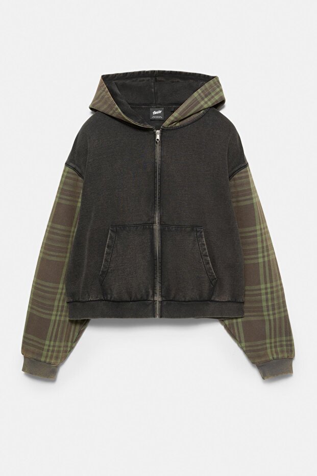 Kareli fermuarlı kapüşonlu sweatshirt - 6