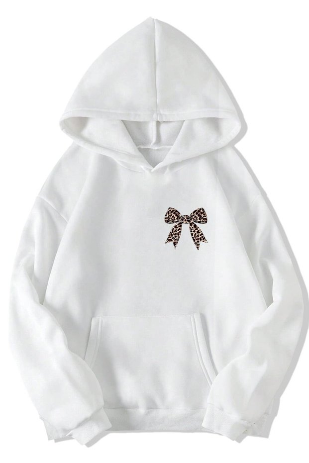 Unisex Oversized (White) Leopard Ribbon Patterned Hoodie (White)