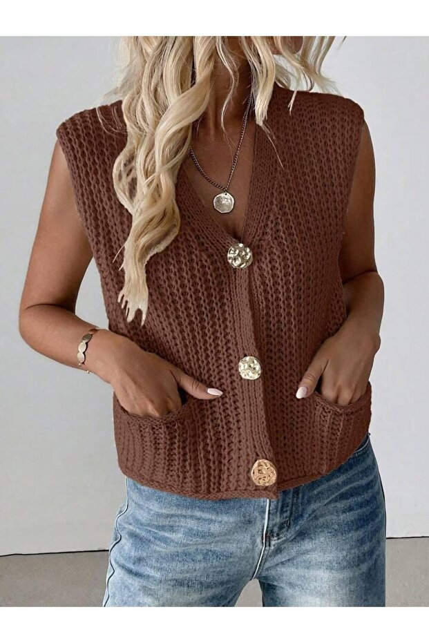 Women'S, Rib Knit V-Neck Buttoned Cardigan, Vest