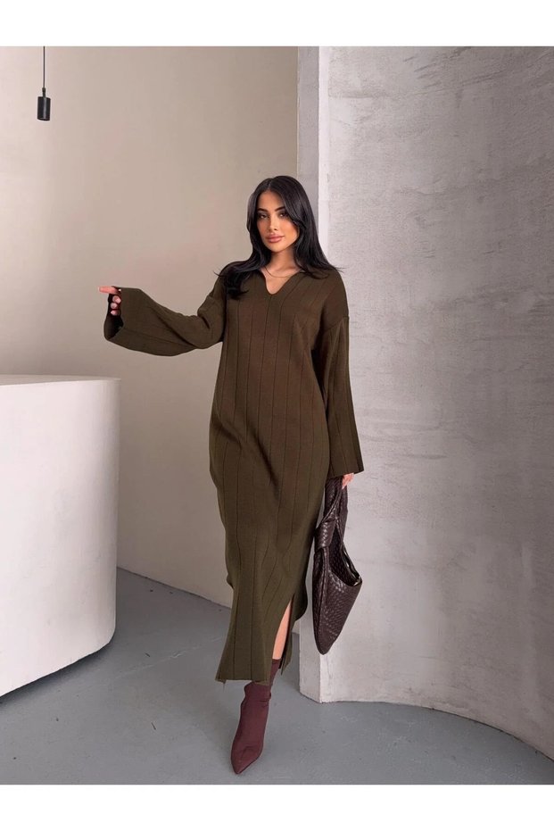 Women's Corded Fabric Polo Neck Knitwear Dress