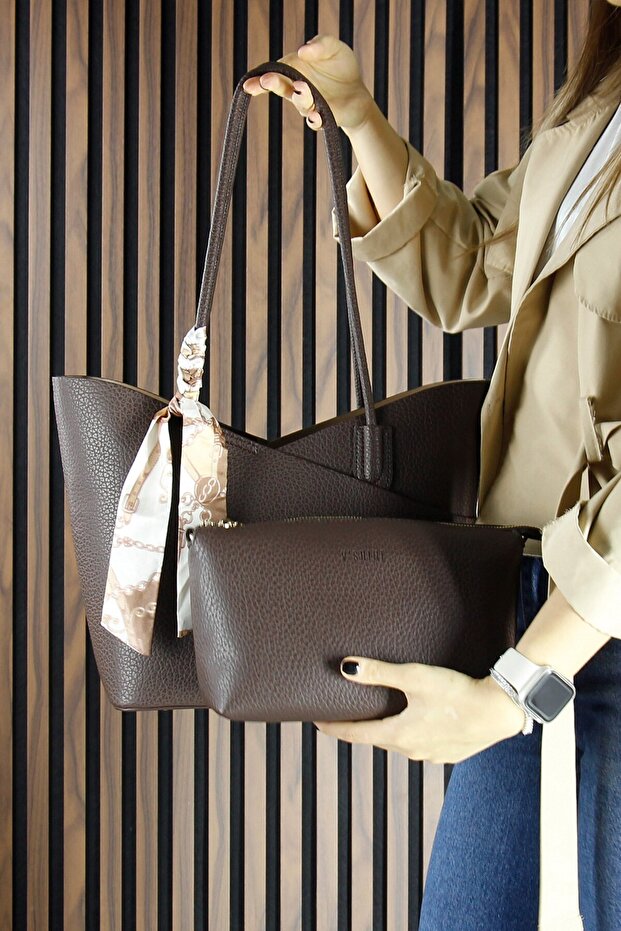Coffee Vegan Magnetic Closure Large Size Casual Shoulder Bag and Handbag with Strap