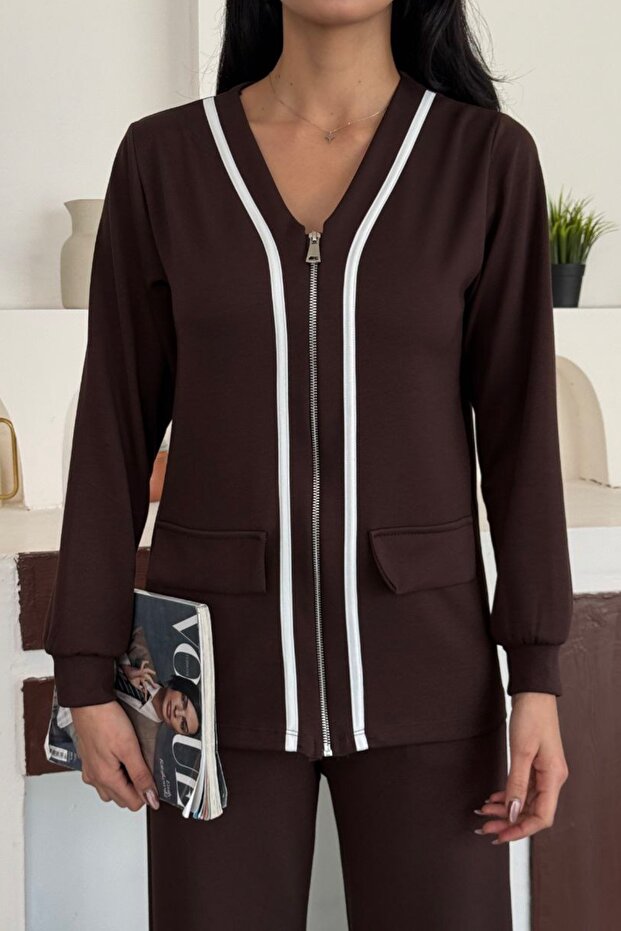 Women's V-Neck Zippered White Striped Detail Pocket Modal Set