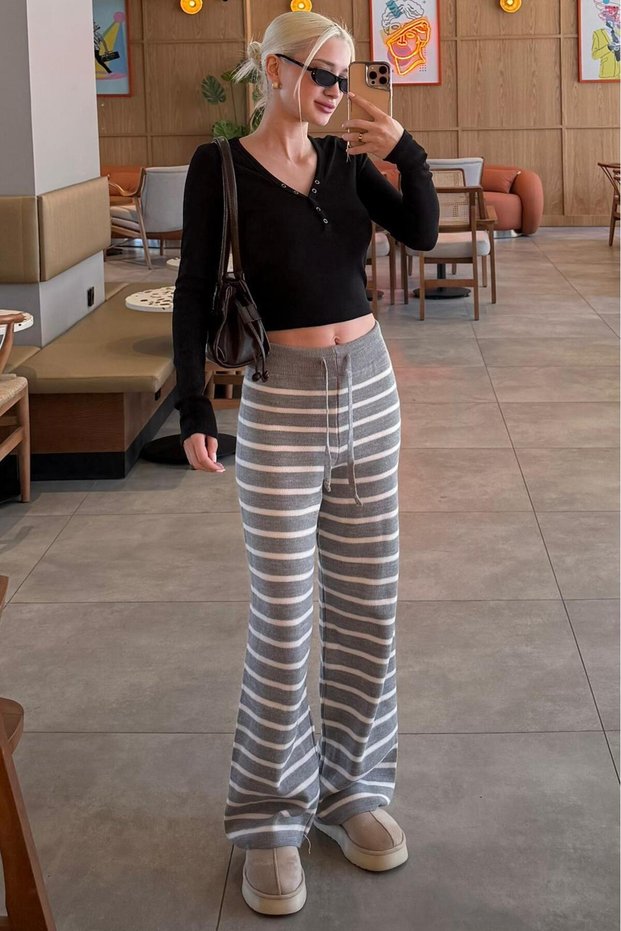 Gray Striped Women's Knitwear Pants Sh333