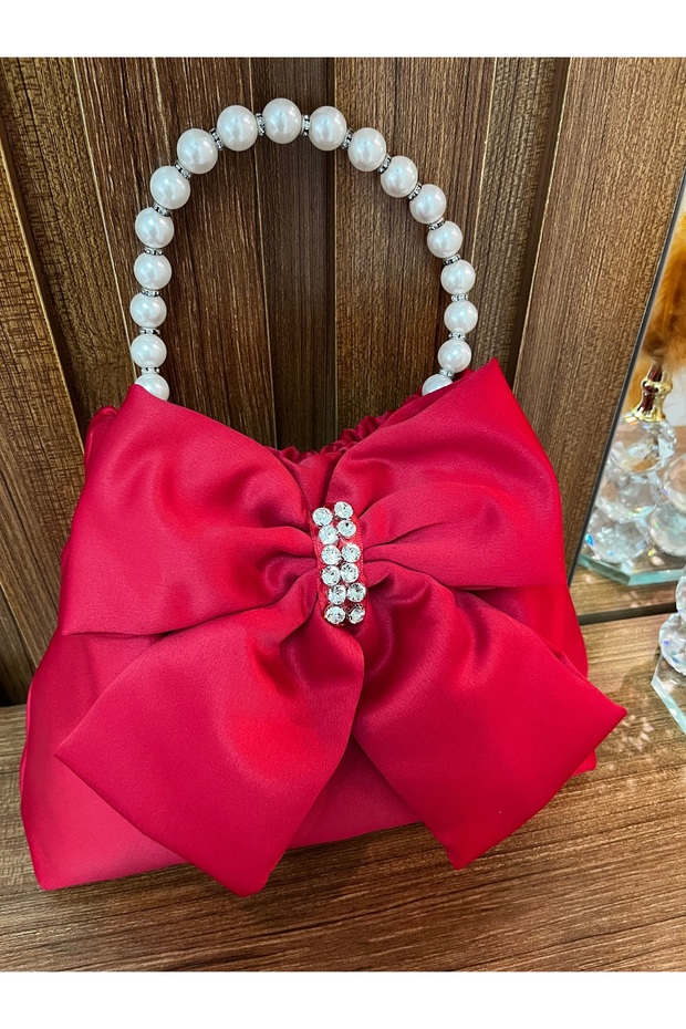 Red Evening Dress Bag with Stones and Pearls Satin Bag Henna Night Bag