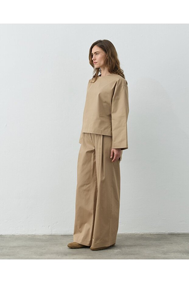 Paper Gabardin Yırtmaçlı Basic Bluz Camel - 5