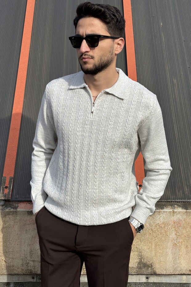 Men'S, Polo Collar, Zippered, Knitted Detail, Old Money Culture, Wool Blend, Sweater Pltk20