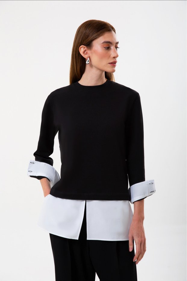 Organic Cotton Paneled Women's Black Long Sleeve Blouse