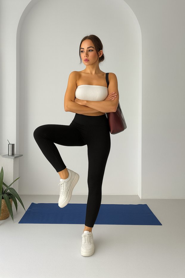 Interlock Fabric High Waist Shaping / Sculpting Sports Leggings – Stretchy Push-Up Fitness & Yoga Leggings (Black)