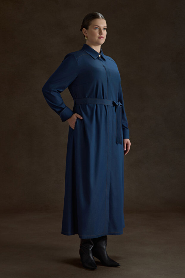 İndigo Denim Görünümlü Viscon Elbise - 1