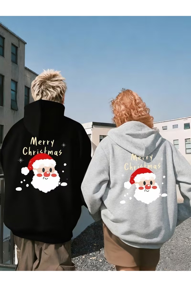 Unisex New Year Merry Christmas Printed Oversized 100% Cotton Hooded Sweatshirt