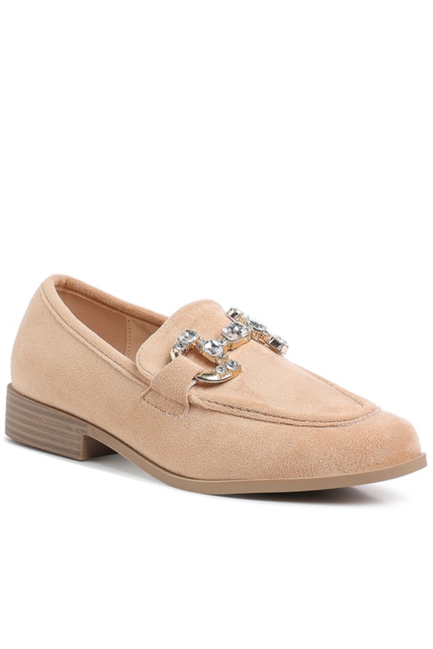 Women Diamante Embellished Horsebit Loafers in Beige