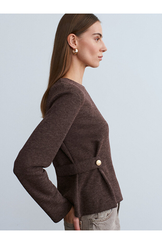 32429 Button Detailed Corded Fabric Top-Kahve M.