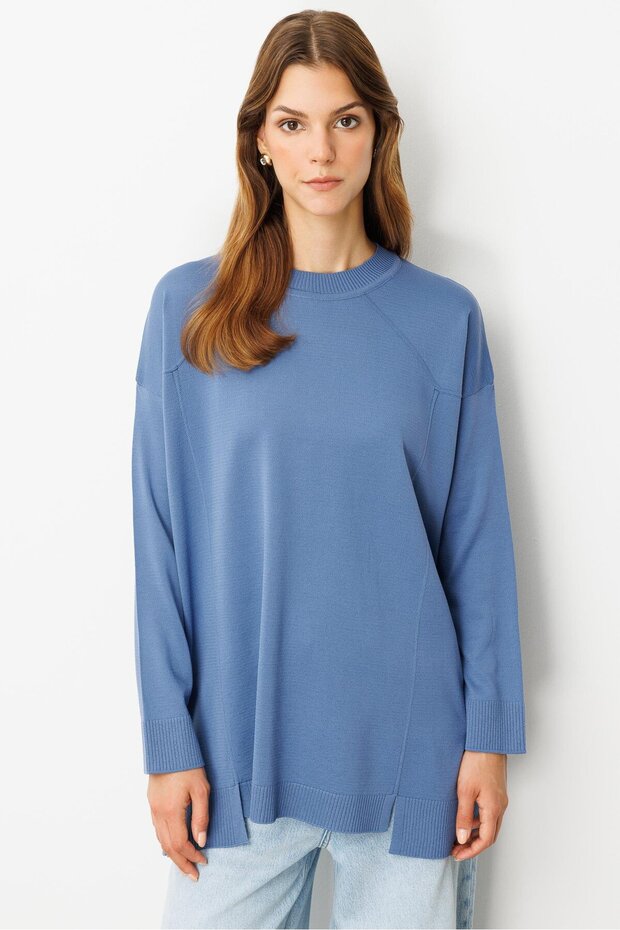 Yuvarlak Yaka Basic Triko-İNDİGO - 1