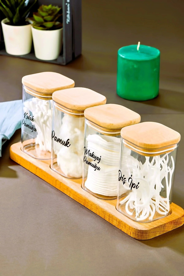 4-Piece Cotton Holder Transparent Label Acrylic Storage Box with Wooden Stand