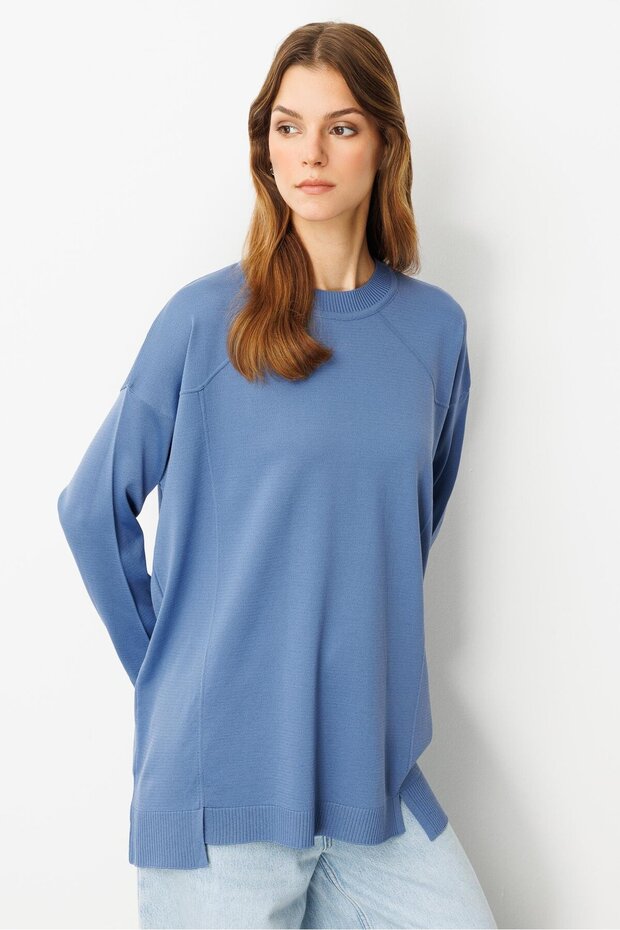 Yuvarlak Yaka Basic Triko-İNDİGO - 3