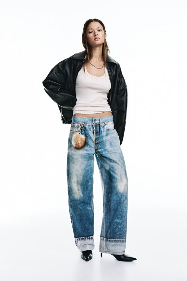 Bol paça baskılı kot pantolon - 1