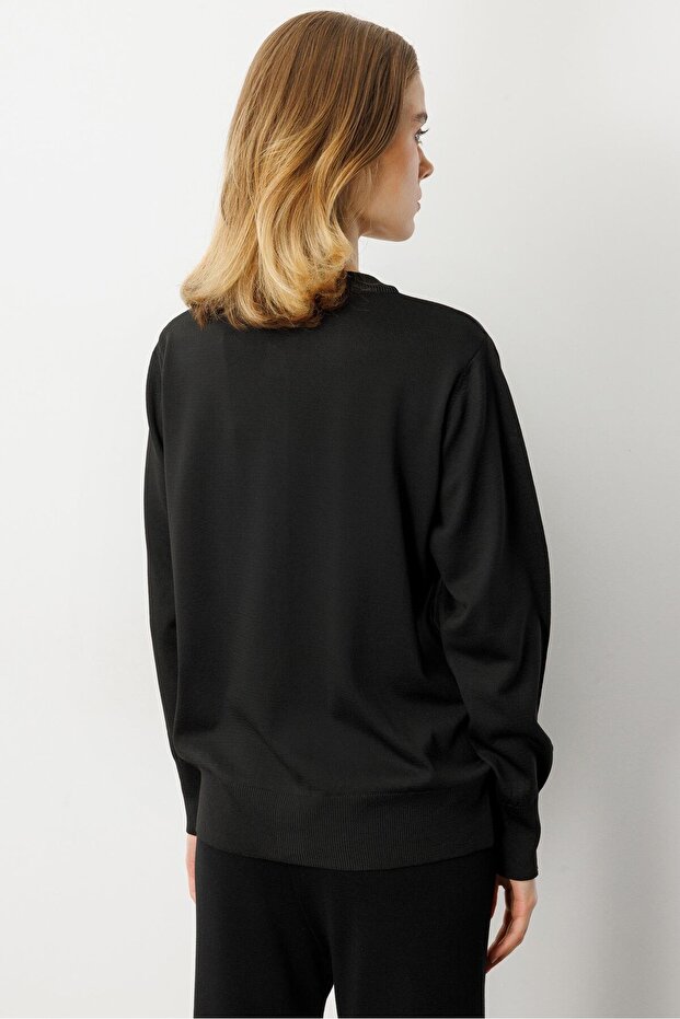 Düğmeli Basic Triko Hırka-SİYAH - 6