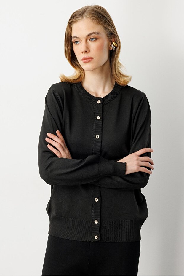 Düğmeli Basic Triko Hırka-SİYAH - 1