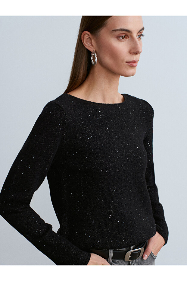 10836 Wool Blend Glitter Boat Neck Sweater-Black