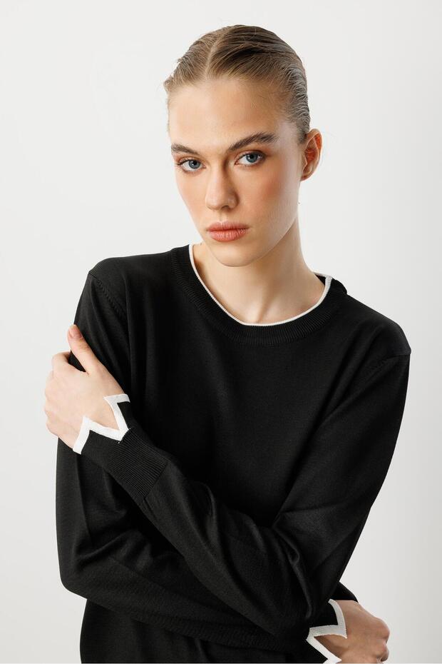 Biye Detaylı Basic Triko Kazak-SİYAH - 5