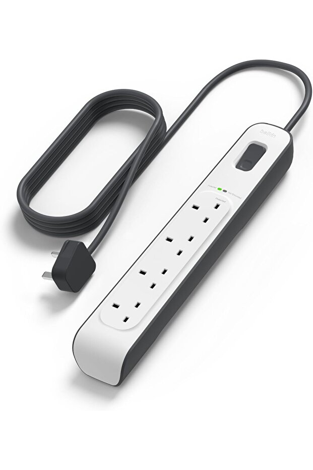 مقبس تمديد كهربائي شديد التحمل مع كابل حماية من التيار المفاجئ، 4 مقابس/4 منافذ، بطول كابل من 2 متر.