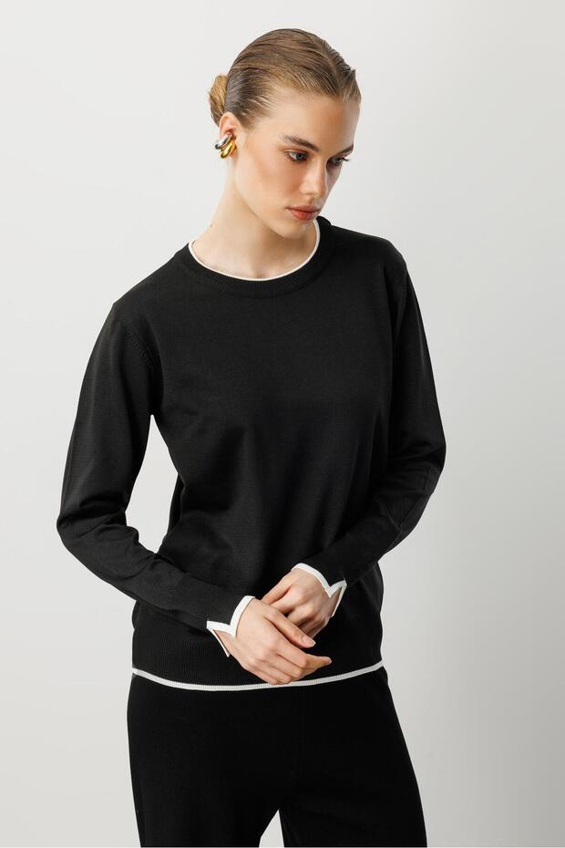 Biye Detaylı Basic Triko Kazak-SİYAH - 3