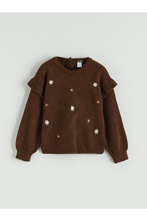 Brown Crew Neck Girls' Sweater