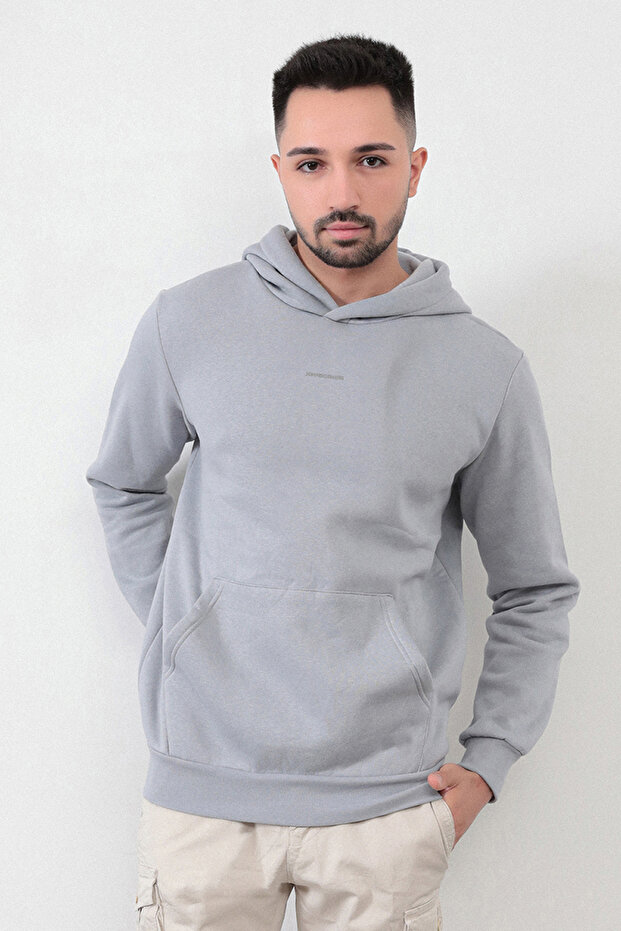 Men's Hooded Printed Kangaroo Pocket Sweatshirt Light Gray - 25K 5281