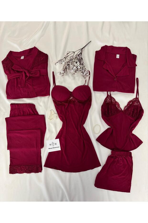 Boxed Six-Piece Combed Cotton Ultra-Luxury Burgundy Dowry Set