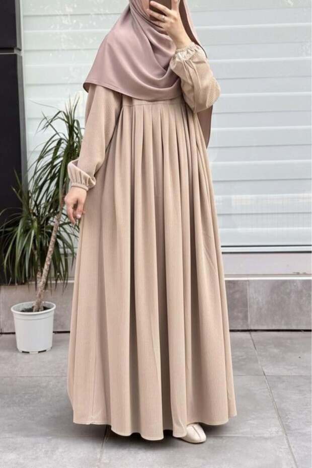 Kadife Elbise - Bej - 2